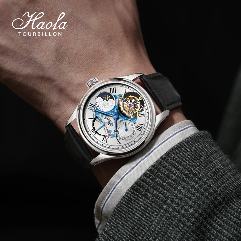Orologi da uomo Tourbillon con fasi lunari luminose Orologio da polso meccanico automatico scheletrato da lavoro Orologio in pelle impermeabile per uomo  1511