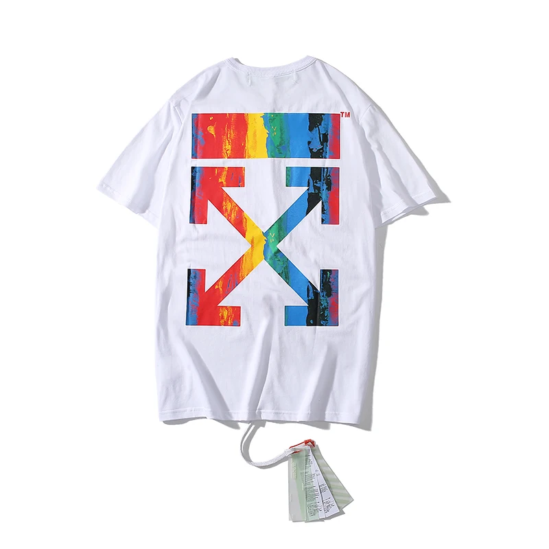 Цветная стрела с принтом 19ss Off-White OW для мужчин и женщин, модные модели для влюбленных пар, хлопковая Повседневная футболка с круглым вырезом и коротким рукавом