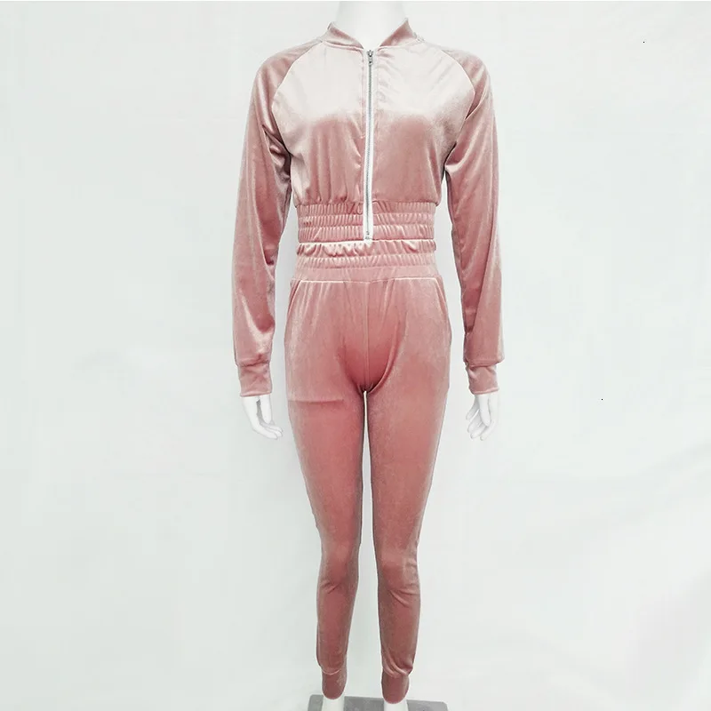 Tobinoone, зимний Бархатный комплект из двух предметов, женский сексуальный розовый топ с длинным рукавом и штаны, костюм для подиума, повседневный женский спортивный костюм