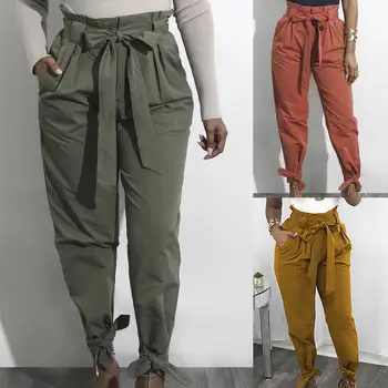 

2020 Loose Bow BeltTie BeltWomen Pants Casual Solid High Waist Belt Pocket Spring Women's Trousers Female Sashes Pants Bottom