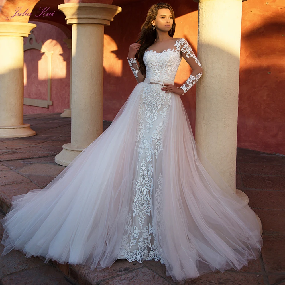 

Julia Kui Gorgeous 2 In 1 Mermaid Wedding Dress With Puffy Skirt Of Full Sleeve Bride Gowns