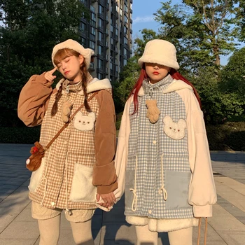 

2020 New Design Kawaii Bear Cotton Jacket Women Winter Thick Warm Coat Sweet Girls Students Hooded Jacket Plaid Coat Outwear