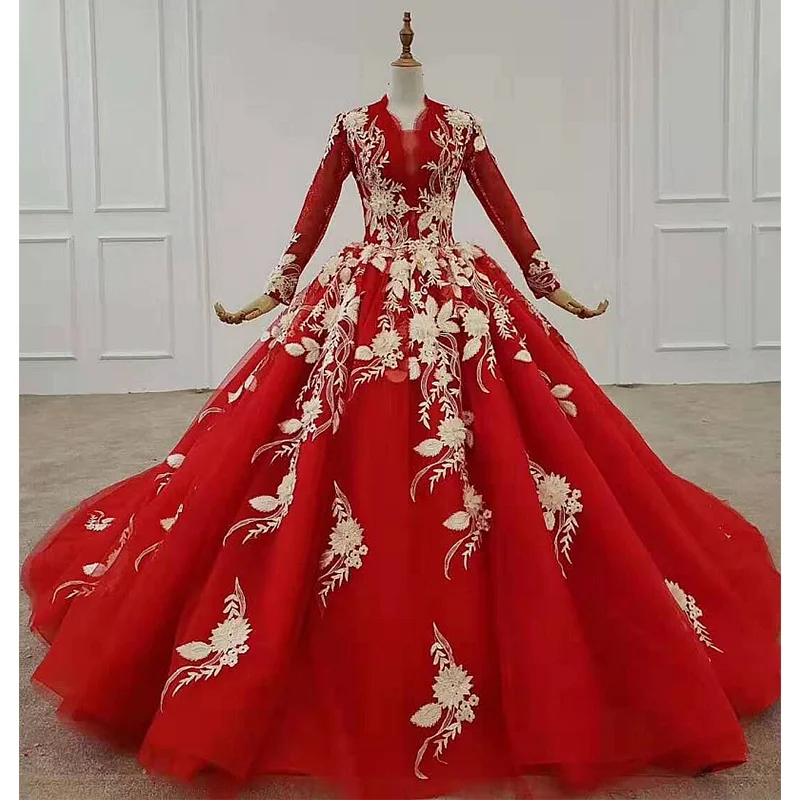 BGW 20214ht 2020 New Little V Neck Red Muslim Wedding Dresses Long Sleeves Appliqued Vestidos De Novia Con Envio Gratis | Свадьбы и