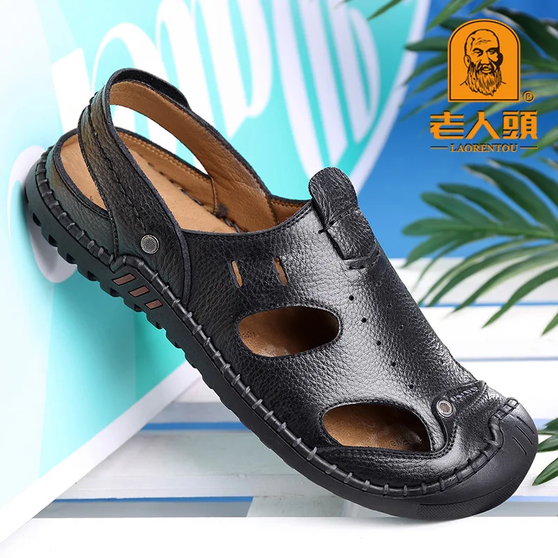 

Genuine Product LOTORY Summer Closed-toe Men Sandals Full-grain Leather Double Purpose Slippers Hollow out Breathable Porous Sho
