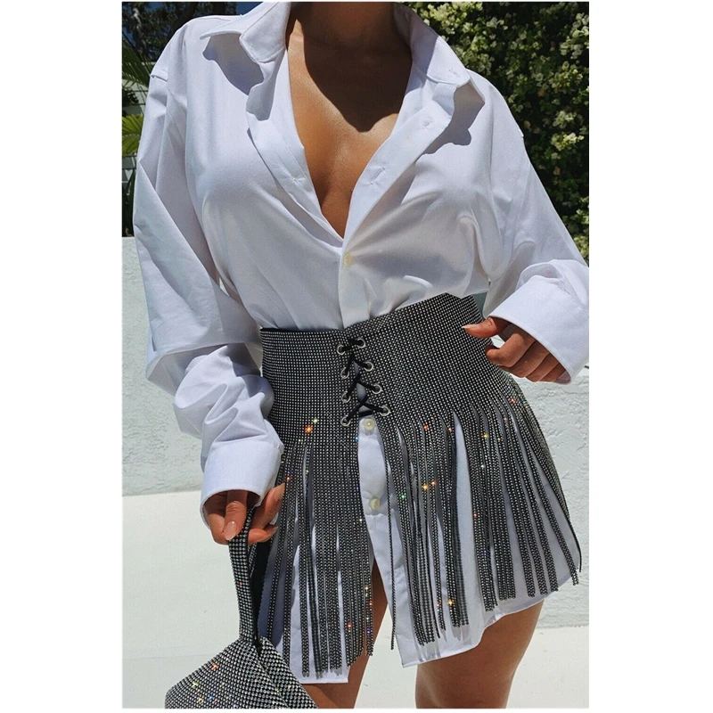 Модные трендовые сексуальные женские повязки с блестками и кисточками мини юбки с высокой талией на шнуровке уникальные стильные популярные летние Клубные юбки