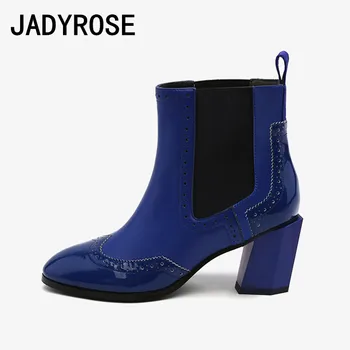 

Blue Leather Women Brogue Short Boots Fashion Red Autumn Ankle Booties Classical Black Knight Botas Mujer 7cm High Heels Botines