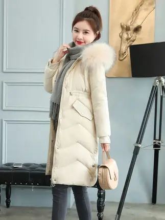 Новинка года; женский пуховик из хлопка с длинным разрезом в Корейском стиле; модная зимняя куртка; thi