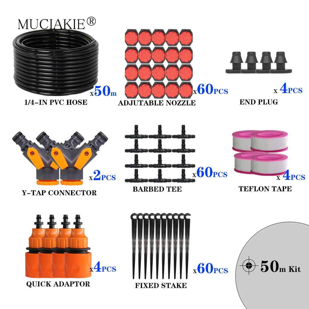 MUCIAKIE 60M Регулируемый садовый для капельного орошения, Системы бонсай для полива 4/7 мм ПВХ лента для шланга разъем капельниц Тройник - Цвет: 50m Kits