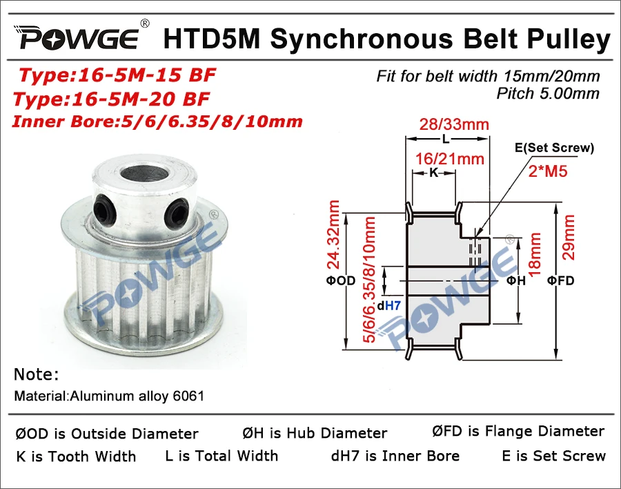 5M HTD5M Timing Belt Pulley 10 Teeth 5mm Bore 16mm Width Stepper Motor 