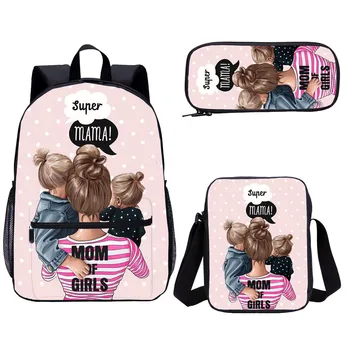 

Super Mama Print Large Backpack Set Good Quality Kids Girl Student Backpack Book Bag Fashion 3 Pcs Daypack Satchel Bag 3 in 1