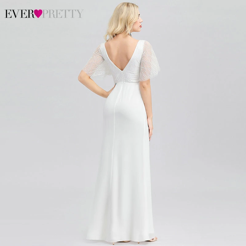 Elegant White Prom Dresses Ever Pretty EP00974 Mermaid V-Neck Short Sleeve Ruffle Side Split Formal Party Gowns Vestidos De Gala