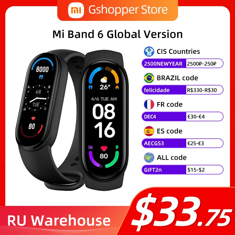 Смарт-браслет Xiaomi Mi Band 6 глобальная версия дюйма цветной AMOLED кислород в крови