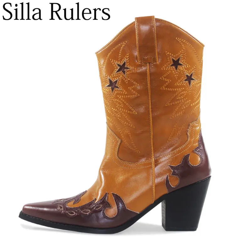 

2019 New Mixed Colors Western Cowboy Boots Woman Chunky Heels Embroidery Knee High Boots Woman Pointed Toe Knight Boots Woman