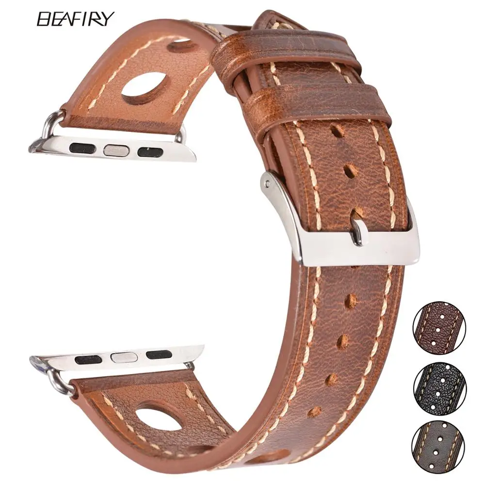 

BEAFIRY 2019 New Oil Wax Leather Hole Design for iwatch Strap 44mm Cow Leather Watchband For Apple Watch band 40mm Brown Black