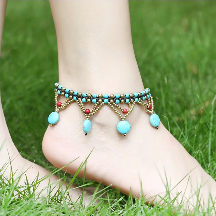 

New Style Versatile Bohemian Bracelet Ankle Ring Natural Stones Entirely Handmade Weaving Bell Bracelets Anklet Women's Accessor