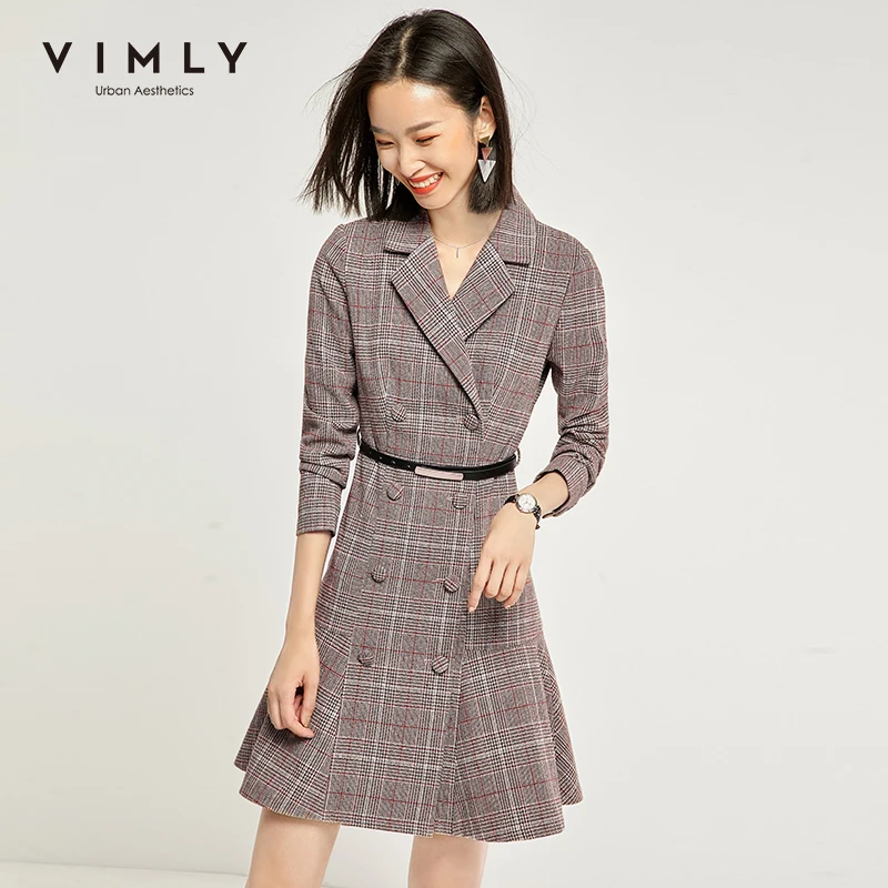Vimly 2020 осенне зимнее офисное женское платье в клетку полоску элегантное с