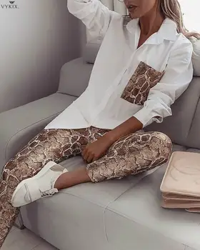 

Spring Summer Turn Down Collar Full Sleeve Top Serpentine Print Suit Two Piece Set Top And Pants Casual Fashion Women Outfits