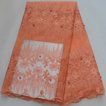 

10 colors (5yards/pc) new arrival embroidered African French net lace fabric in peach with beads for beautiful dress PL1012