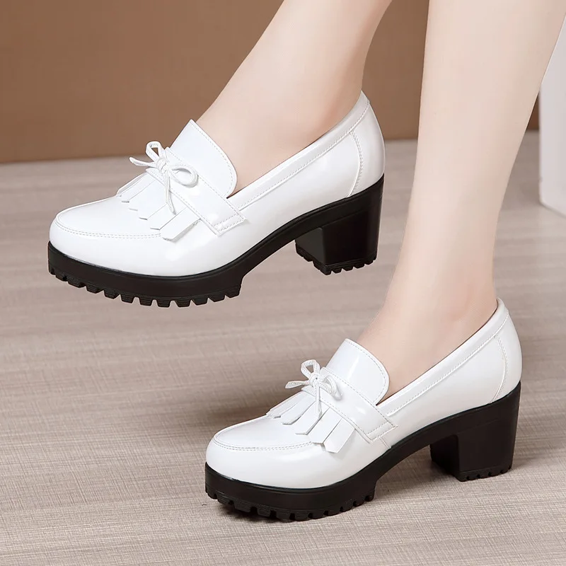 Small Big Size 32 33-43 Tassel Patent Leather Shoes Platform Oxfords 2022 Chunky Med Heels Pumps Elegant Office Footwear