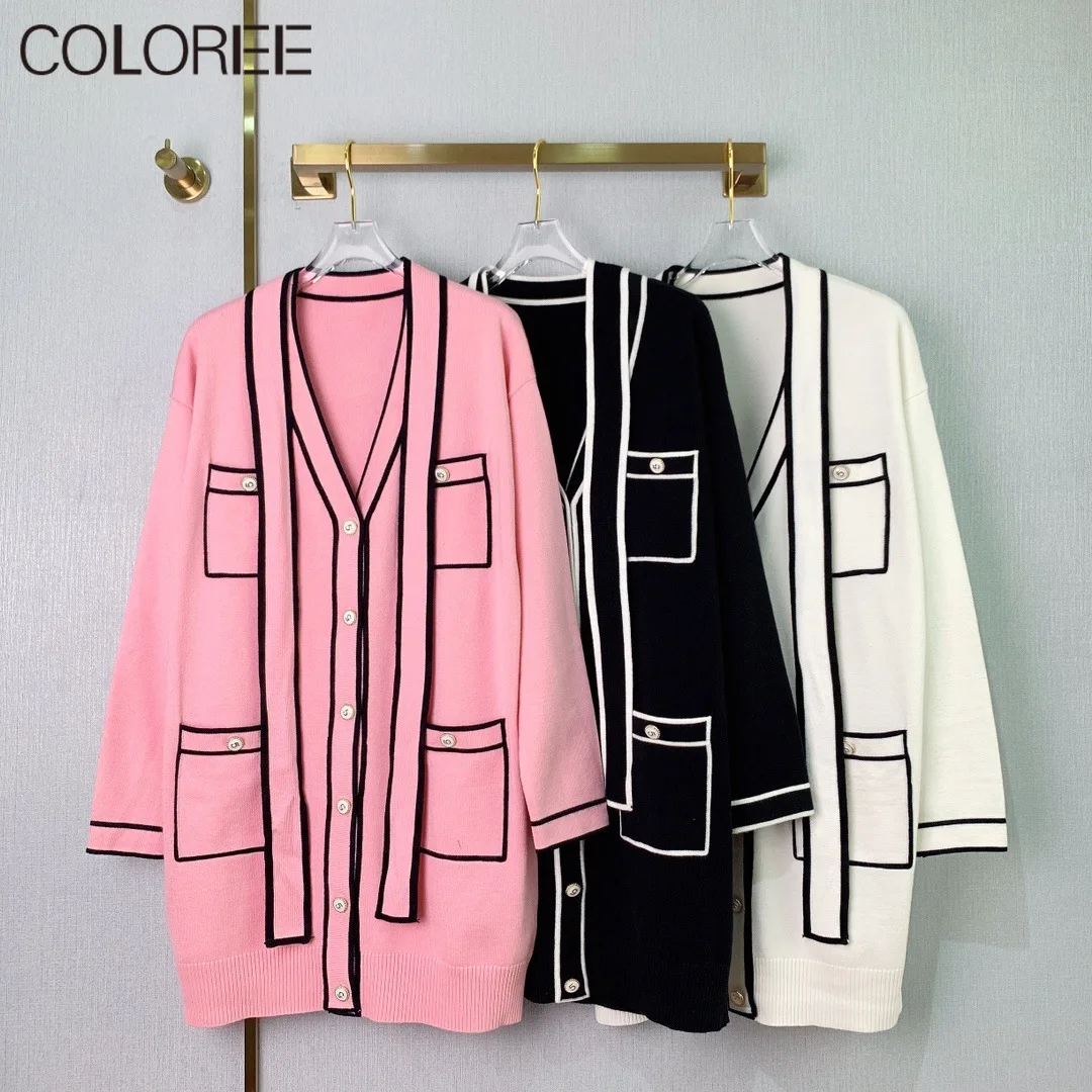 

Runway Tops for Women 2021 Autumn Winter Loose Casual V-neck Knitted Sweater Mujer Pink White Black Oversized Cardigan Femme