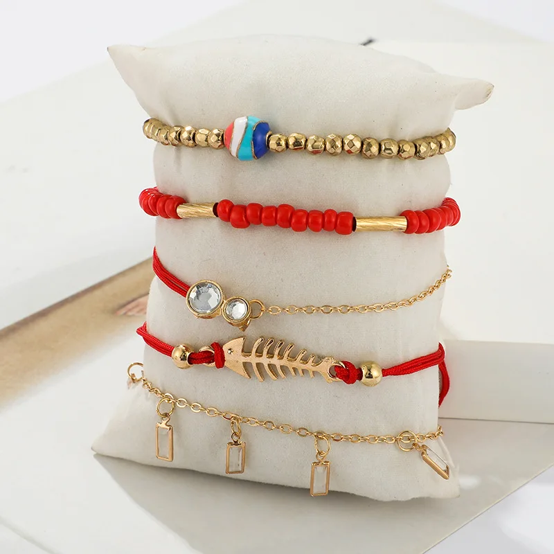 Bohemian Beaded Ankle Bracelets Set Multilayer Rhinestone Crescent Fishbone Charm Bracelets Women Anklet Foot Jewelry Gift 5Pcs Bohemian Beaded Ankle Bracelets Set Multilayer Rhinestone Crescent Fishbone Charm Bracelets Women Anklet Foot Jewelry Gift 5Pcs
