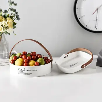 

Nordic Fruit Plate Leather Handle Square Tray Creativity Simple Ceramic Tray Snacks Candy Dish Household Kitchen Tableware
