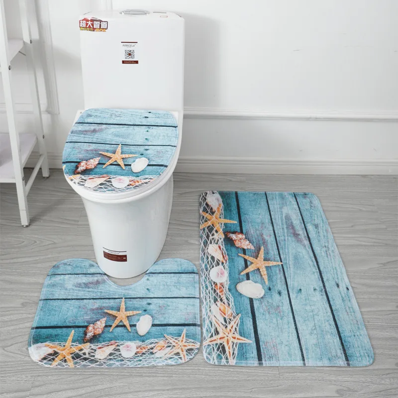

3pcs/Set Carpet Bathroom 3D Sandy Beach Printing Non-Slip Bath Mat Doormats Decor Toilet Seat Cover Rug