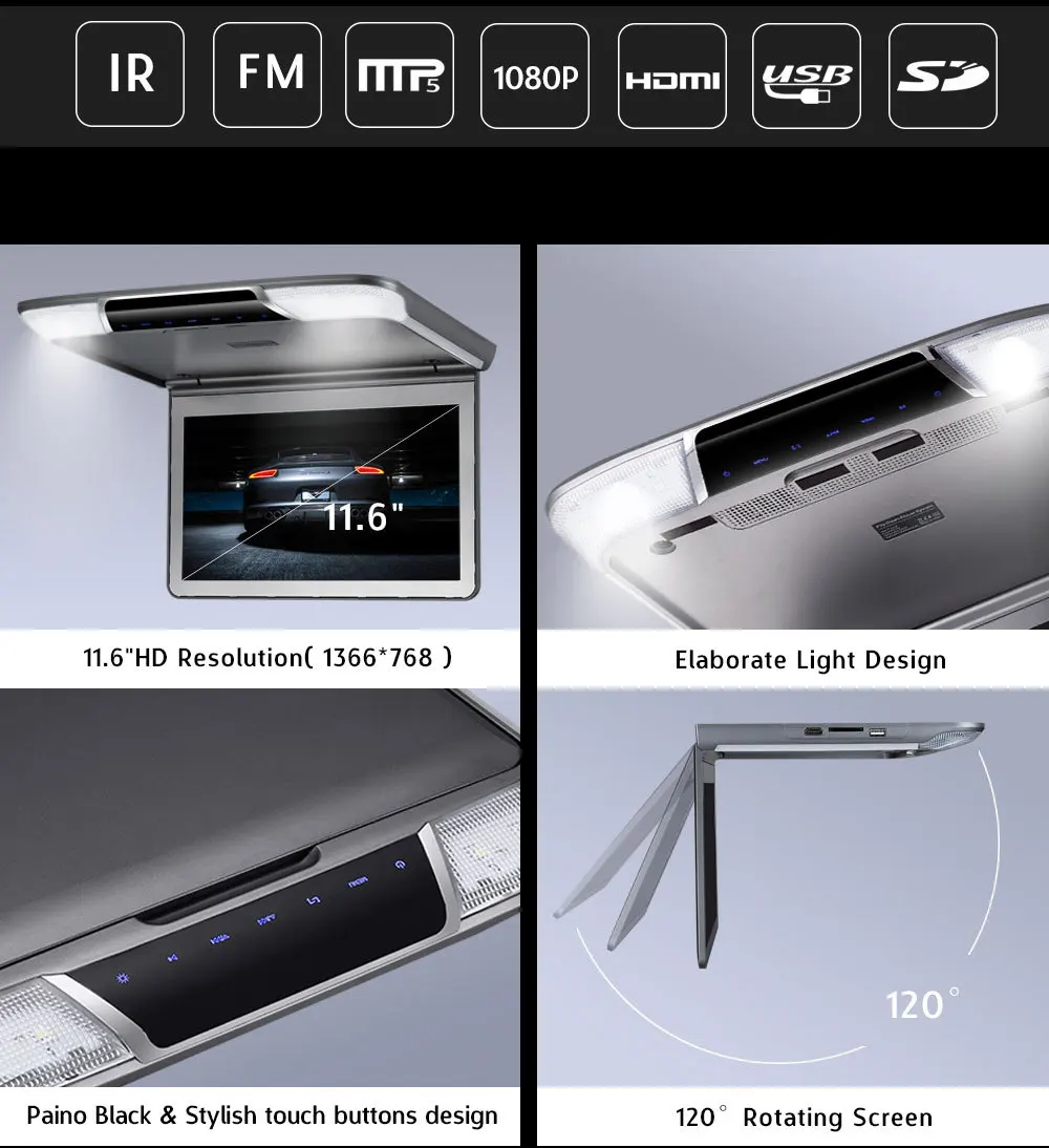 11,6 дюймов Full HD 1366*768 откидной экран автомобиля монитор крыши MP5 плеер с HDMI слот вход/USB/SD/IR/FM передатчик