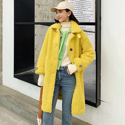 Yellow Толстые плюшевые шерстяные куртки женские однобортные пальто из искусственной овечьей шерсти женские зимние пальто из искусственного меха одноцветные Длинные куртки - Цвет: Yellow