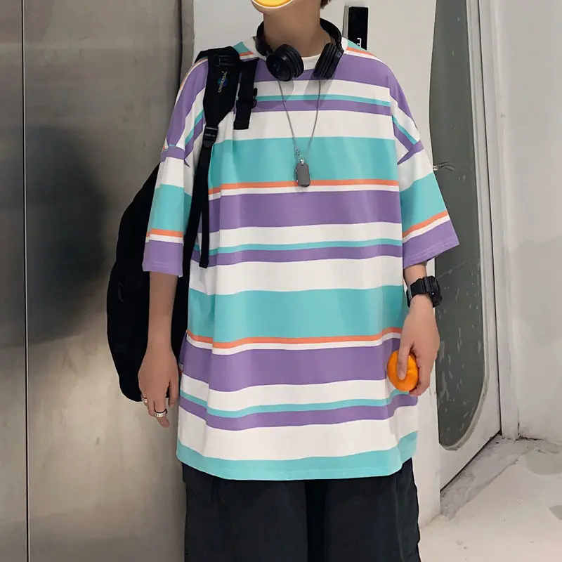 

Summer Striped T Shirt Men's Fashion Hit Color Cotton Casual T-shirt Men Streetwear Hip-hop Loose Short-sleeved Tshirt Mens