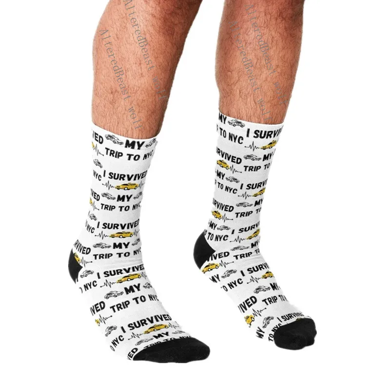 Fashion Funny Mens Socks Hip Hop Harajuku Kawaii Cartoon I Survived My Trip to NYC Happy Novelty Casual Socks Gifts for Men