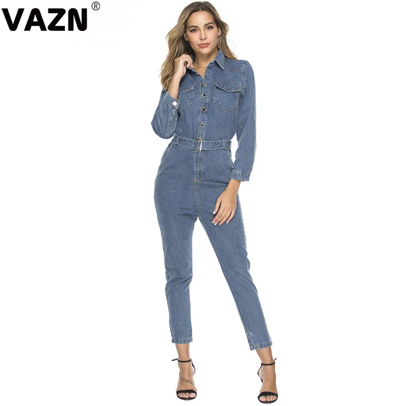 VAZN, новинка, шикарный сексуальный женский весенний джинсовый синий комбинезон с длинным рукавом, длинные штаны на молнии, комбинезон для девушек, повседневный классный шикарный комбинезон