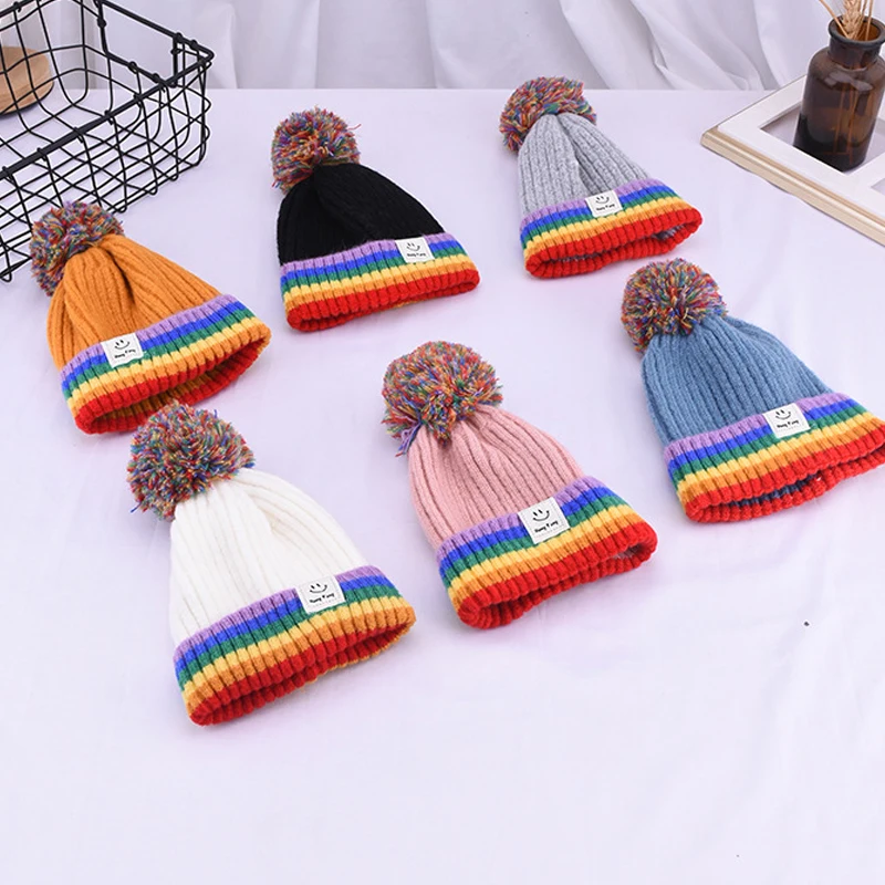 Rainbow Color Baby Hats With Pom Poms Knitted Wool Turban Beanie Warm Caps Soft Hat For Childern Girls Boys Bonnet Autumn Winter