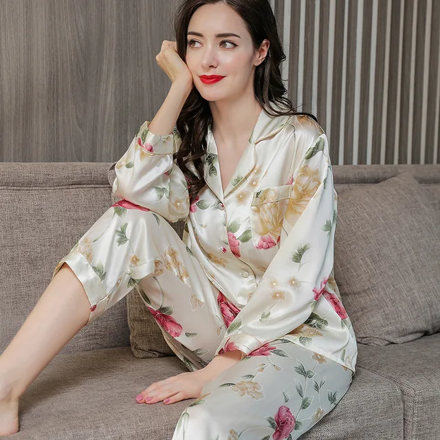 100% Pure Silk Women's Printed Pajama Set Sleepwear Nightgown M L XL 2XL XM008