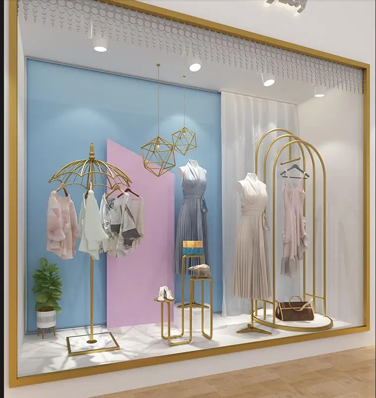 Мебель для магазинов одежды окна реквизит висят стеллаж для выставки товаров золото Творческий шляпа зонтик в форме стоять на полу