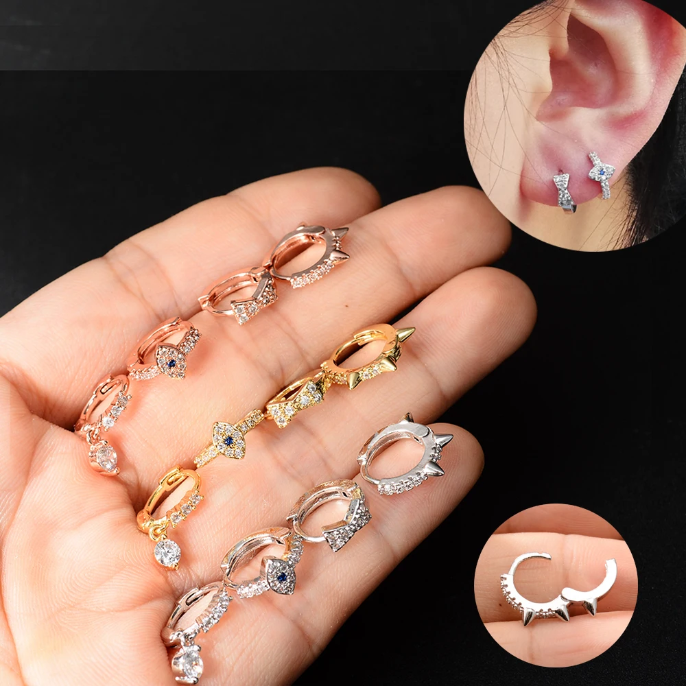

New Arrive Evil Eye Knot Rivet Charm Circle Huggie Earring Stud Rose Gold Silver Mosaic CZ Mini Earring Women Jewelry Brincos