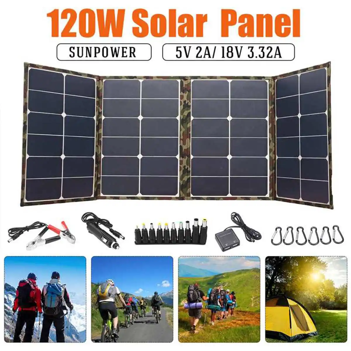 

Waterproof Memory 120W Solar Panel USB Interface Portable Wearable Collapsible Solar Charger Cloudy Outdoor Emergency Available