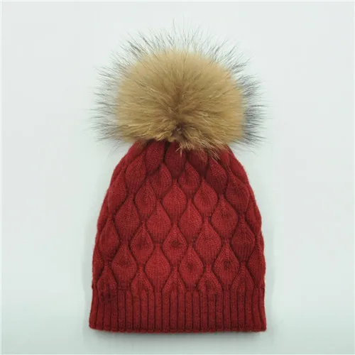 Women Winter Hat Angora Knitted Wool Beanie Female New Fashion Casual Outdoor Thick Ladies Warm Fur Ball Hats - Color: Wine red natural fur