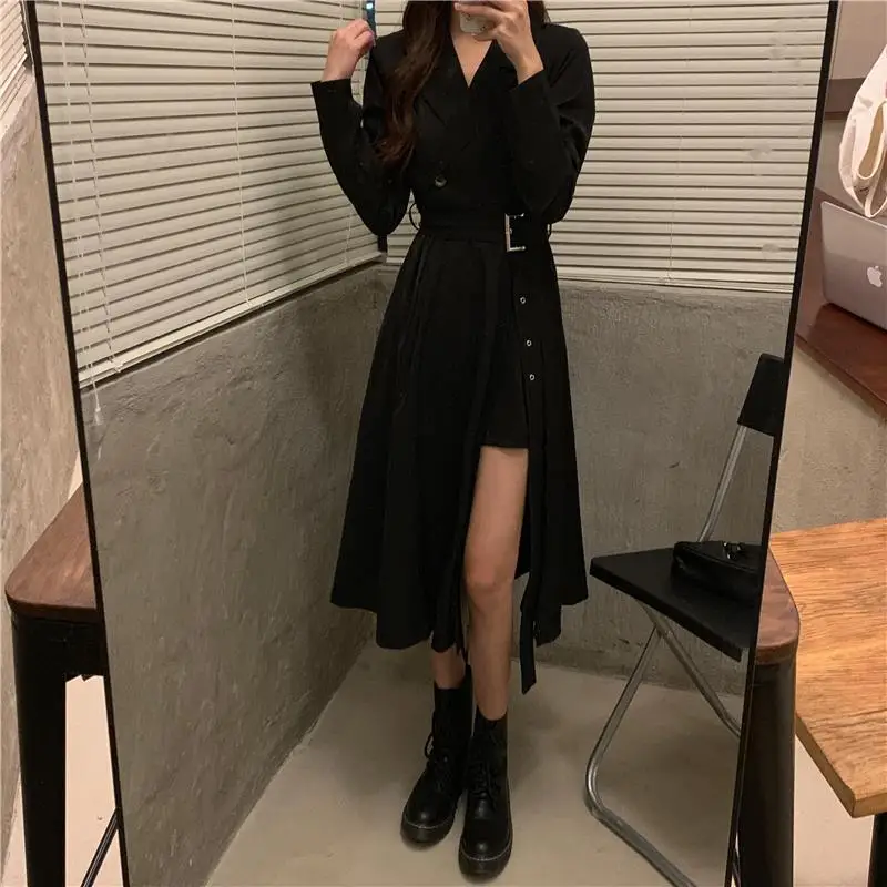 Women Long Sleeve Dress Notched High Waist Sashes Side-slit A-line Design New Mid-calf Solid Korean Style Chic Ulzzang Ins Femme monsoon dresses