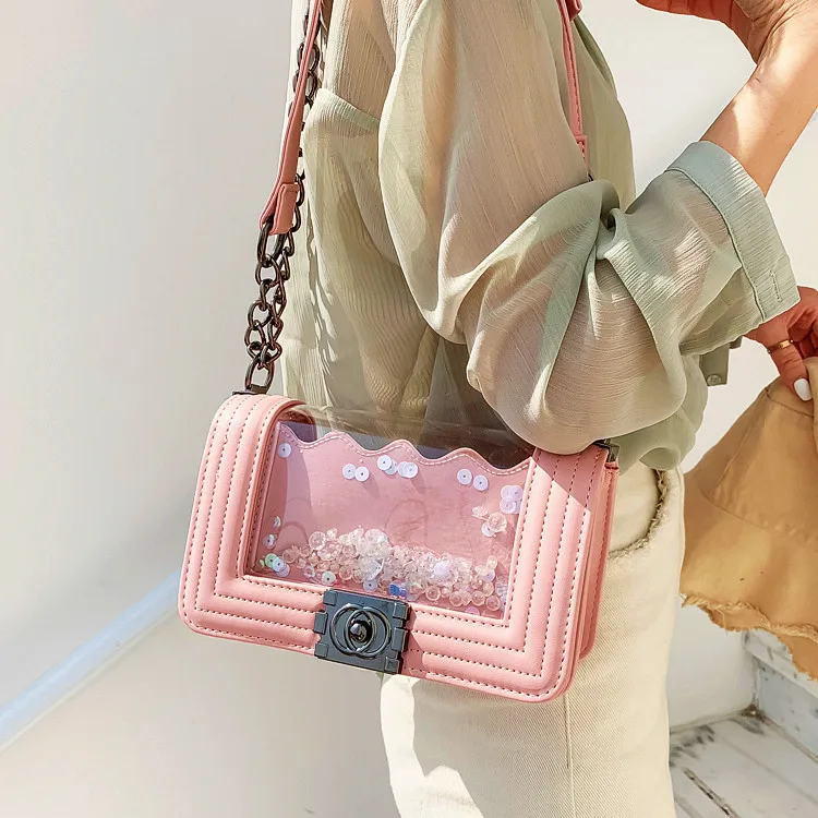 

Bag WOMEN'S Bag 2019 New Style Graceful Retro Online Celebrity Transparent Jelly Bag with Chain Crossbody Bag Square Sling Bag