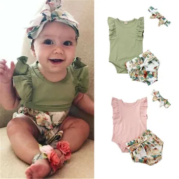 

Newborn Kid Baby Girls Clothes Ruffle Sleeve Romper Floral Shorts Headband Girls Summer Clothing Outfit Set