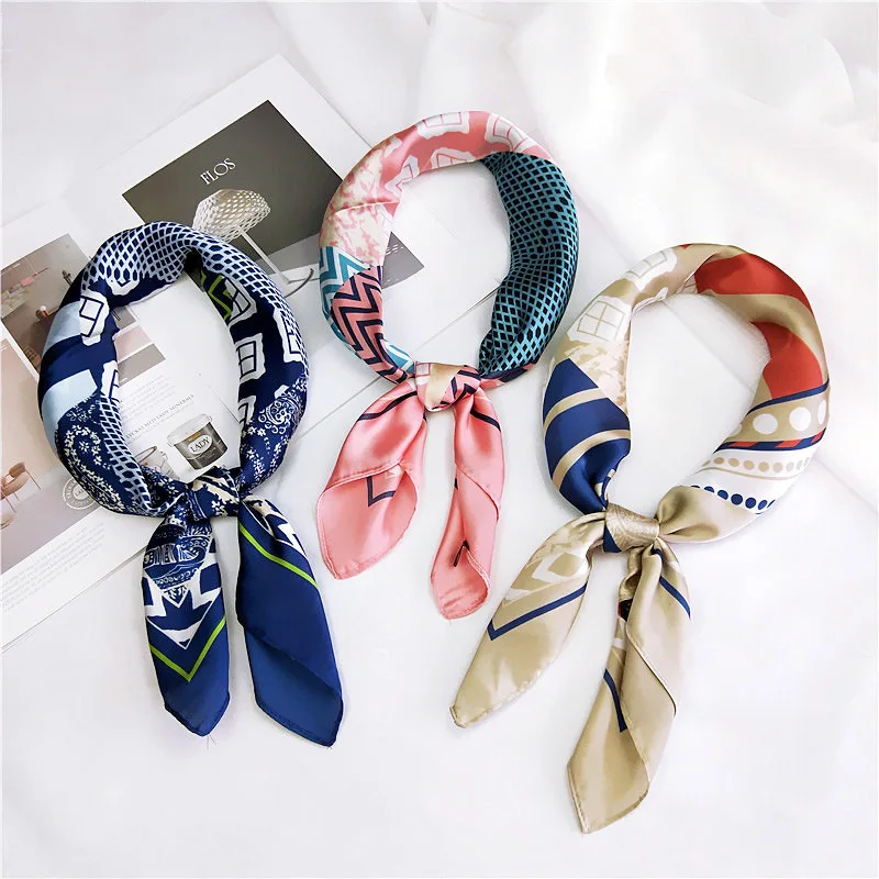 2020 New Design Women Striped Silk Scarf Square Neck Shawls Foulard Lady Pashmina Dot Geometric Bandana Hair Band Kerchief | Аксессуары