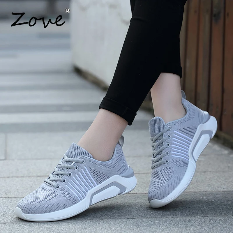 

ZOVE Women Fashion Mesh Sneakers 2019 Autumn Breathable Walking Shoes Lace Up Flats Ladies Tennis Fitness Shoes zapatillas mujer