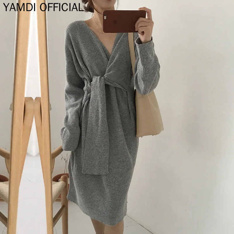 YAMDI женское осенне-зимнее платье-свитер шикарное повседневное с v-образным вырезом однотонное женское корейское вязанное теплое толстый джемпер Vestidos