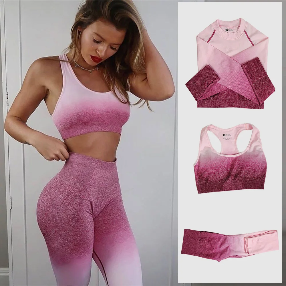 Ombre Sportswear Yoga Set Women Sports Clothing Fitness Suit Gym Seamless Workout Sport Outfit For Woman Athletic Wear | Спорт и