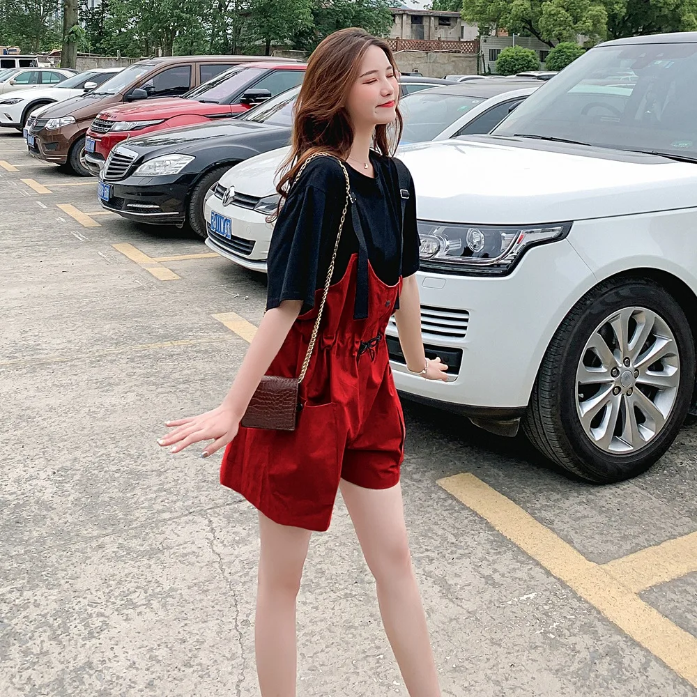 

2019 Summer New Style WOMEN'S Dress Retro CHIC-Style Fashionable Workwear Large Pocket T-shirt + Suspender Pants Two-Piece Set
