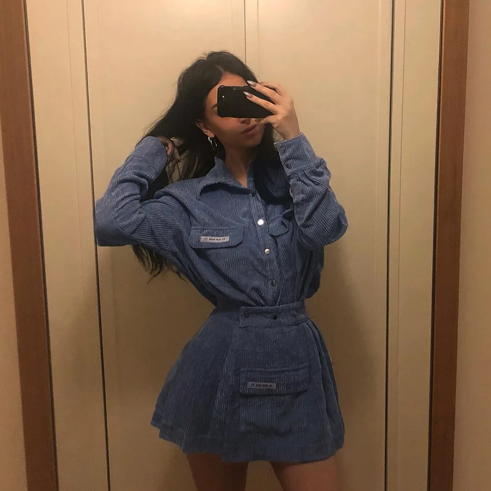 

Women Autumn Overalls Shirt Top + Skirt 2 Piece Set Streetwear Long Sleeve Shirt Coat Outerwear High Quality Women Suits Blue