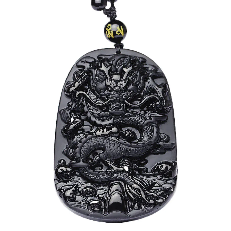 Jadery Natural Black Obsidian Necklace Pendant Amulet Dragon Carved Crystal Stone Bead Chain Men Women | Украшения и аксессуары