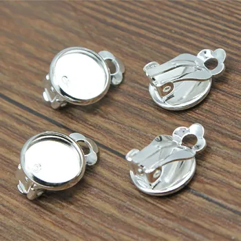 

10mm 12mm 14 mm 10pcs Silver Ear Clips Earring Settings Base Cameo Cabochon Tray Supplies for Jewelry