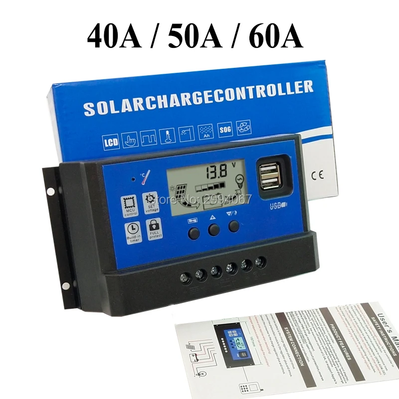 60A 50A 40A 30A 20A 10A 12 В 24 В Авто Солнечная Панель зарядное устройство контроллер ШИМ солнечные регуляторы PV с ЖК-дисплеем и 5 в USB